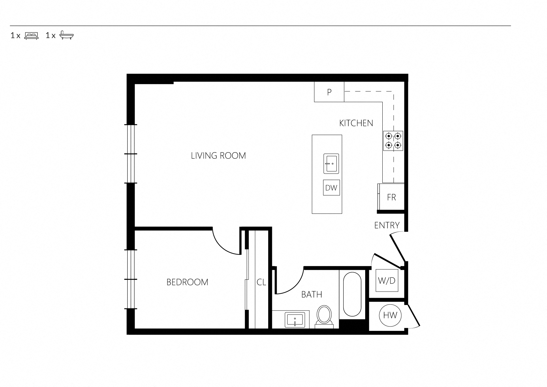 Floor plan for 1 bed, 1 bath, 721 sqft